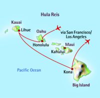 Kaart en route van Hawaii Hula reis (Oahu, Kauai en Big Island)