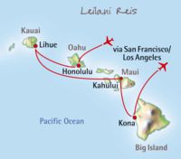 Kaart en route van Hawaii Leilani reis (Oahu,Kauai,Hawaii,Maui)