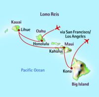 Kaart en route van Hawaii Lono reis (Oahu, Kauai, Hawaii, Maui)