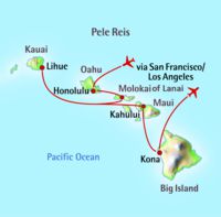 Kaart en route van Hawaii Pele reis (alle Hawaiiaanse eilanden)