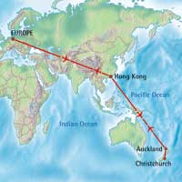 Kaart en route van Nieuw-Zeeland Flycamper met Cathay Pacific