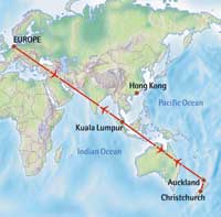Kaart en route van Nieuw-Zeeland Flydrive met Malaysia Airlines