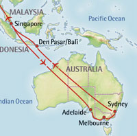 Kaart en route van Australië en het grandioze Zuidoosten + Bali