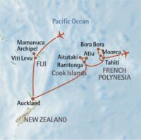 Kaart en route van Bounty reis - Fiji, Cook en Frans Polynesië