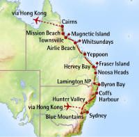 Kaart en route van Australië Flydrive - East Coast Discovery