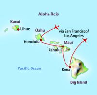 Kaart en route van Hawaii Aloha reis (Oahu, Maui en Big Island)