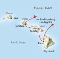 Kaart en route van Hawaii Makai reis (Oahu, Maui en Hawaii)