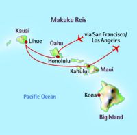 Kaart en route van Hawaii Makuku reis (Oahu, Kauai en Maui)